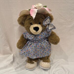 Vintage 90s Build A Bear Plush Brown Bear in Blue Floral Dress and Pink Hat